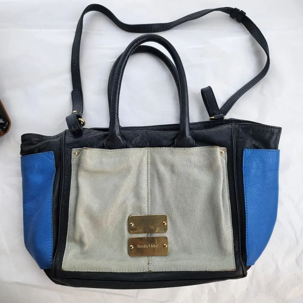 SEE BY CHLOE Nellie Navy Light Blue Gray Leather‎ Handbag Crossbody Trapezoid